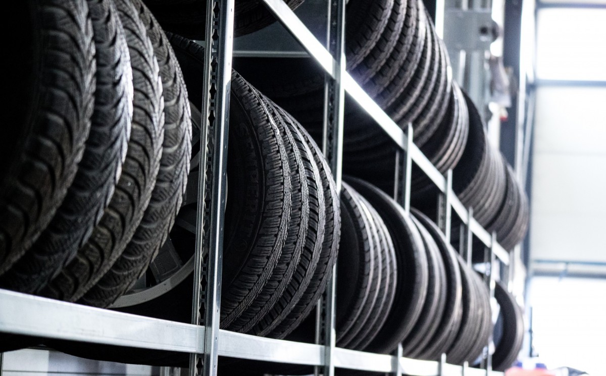 Tires lined up on racks